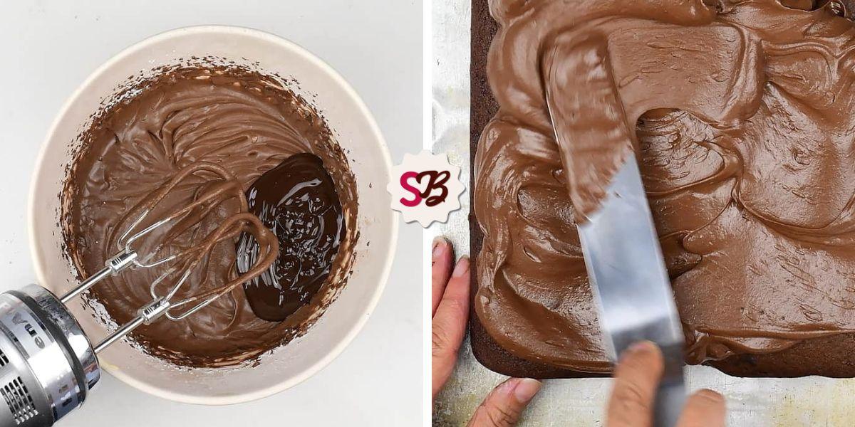 Left side shows a bowl with chocolate batter being mixed for a delicious Chocolate Traybake. Right side shows a hand spreading rich chocolate frosting on the cake with a spatula, creating a perfect treat.