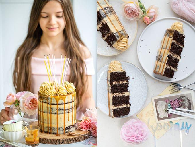 Caramel cake collage showing sides and slices