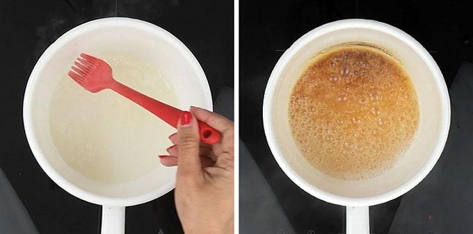 Making caramel in a saucepan collage