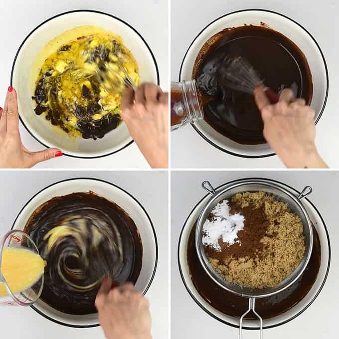 Making a chocolate cake in a large bowl collage