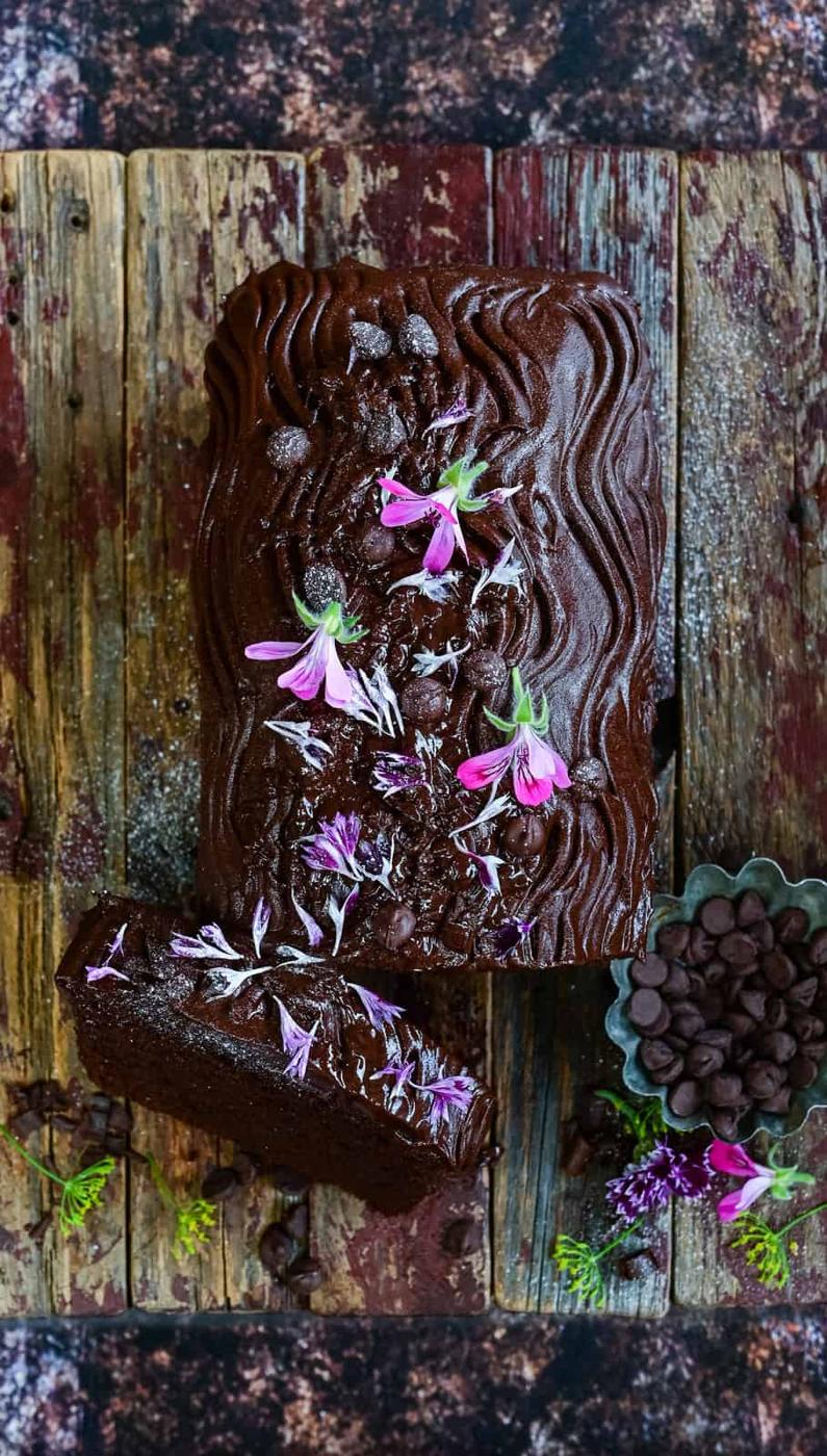 Overhead photo of chocolate pound cake
