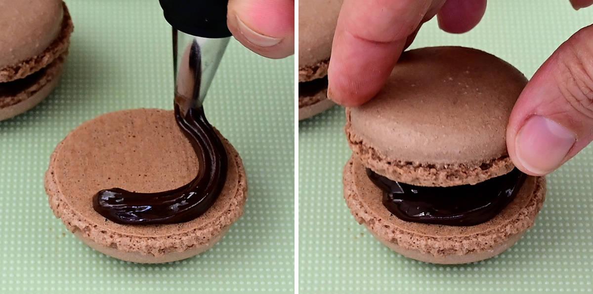 Sandwiching chocolate macarons with chocolate ganache