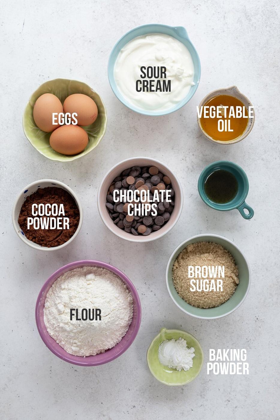 ingredients for chocolate muffins in various bowls, with captions