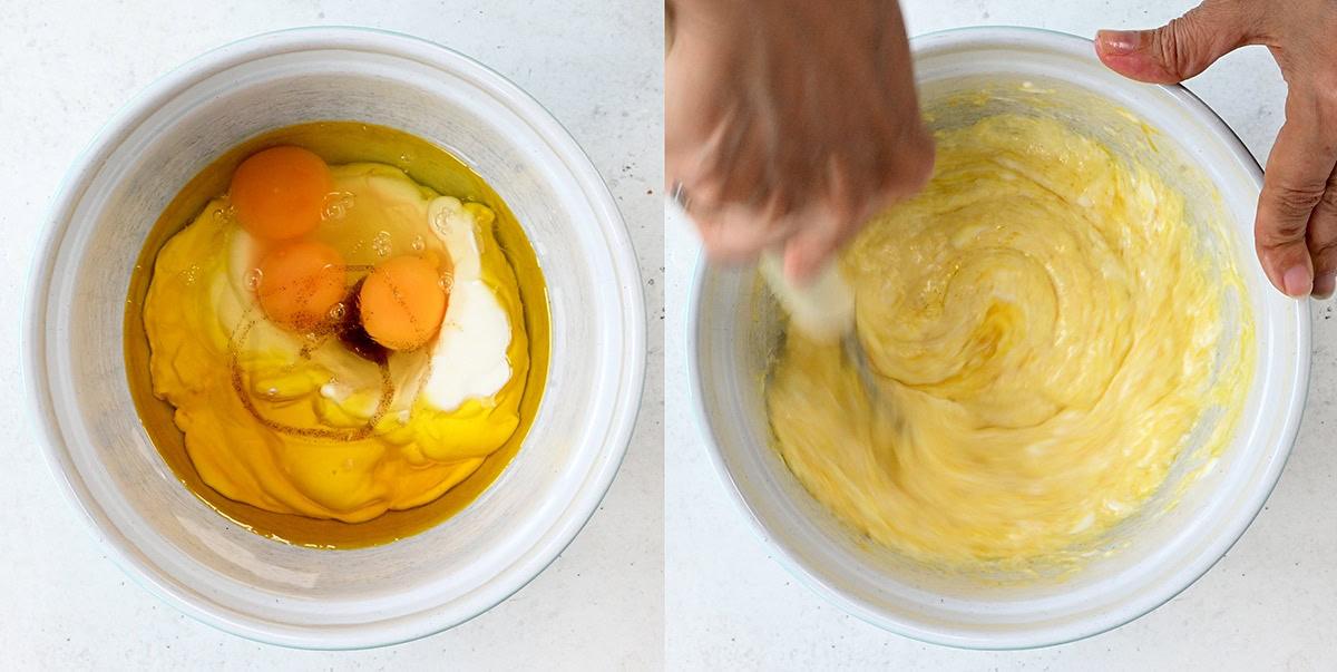 combining the wet ingredients for chocolate muffins in a bowl (collage)