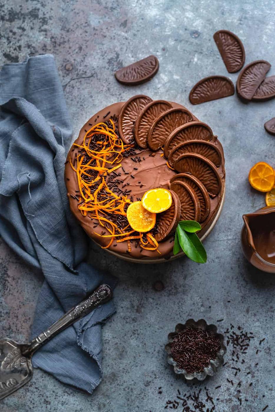 Overhead photo of no bake chocolate orange cheesecake