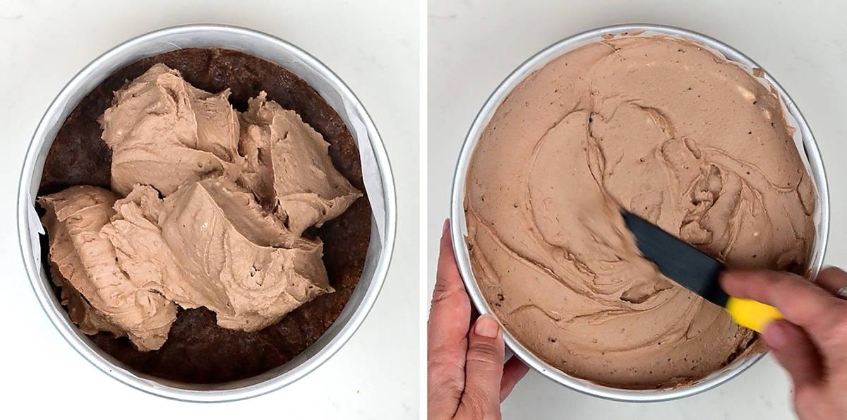 Packing filling over chilled cheesecake base