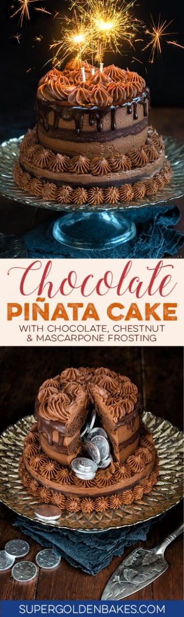 A towering festive chocolate cake with chocolate, chestnut and mascarpone frosting and hidden silver coins to bring good luck to the new year!