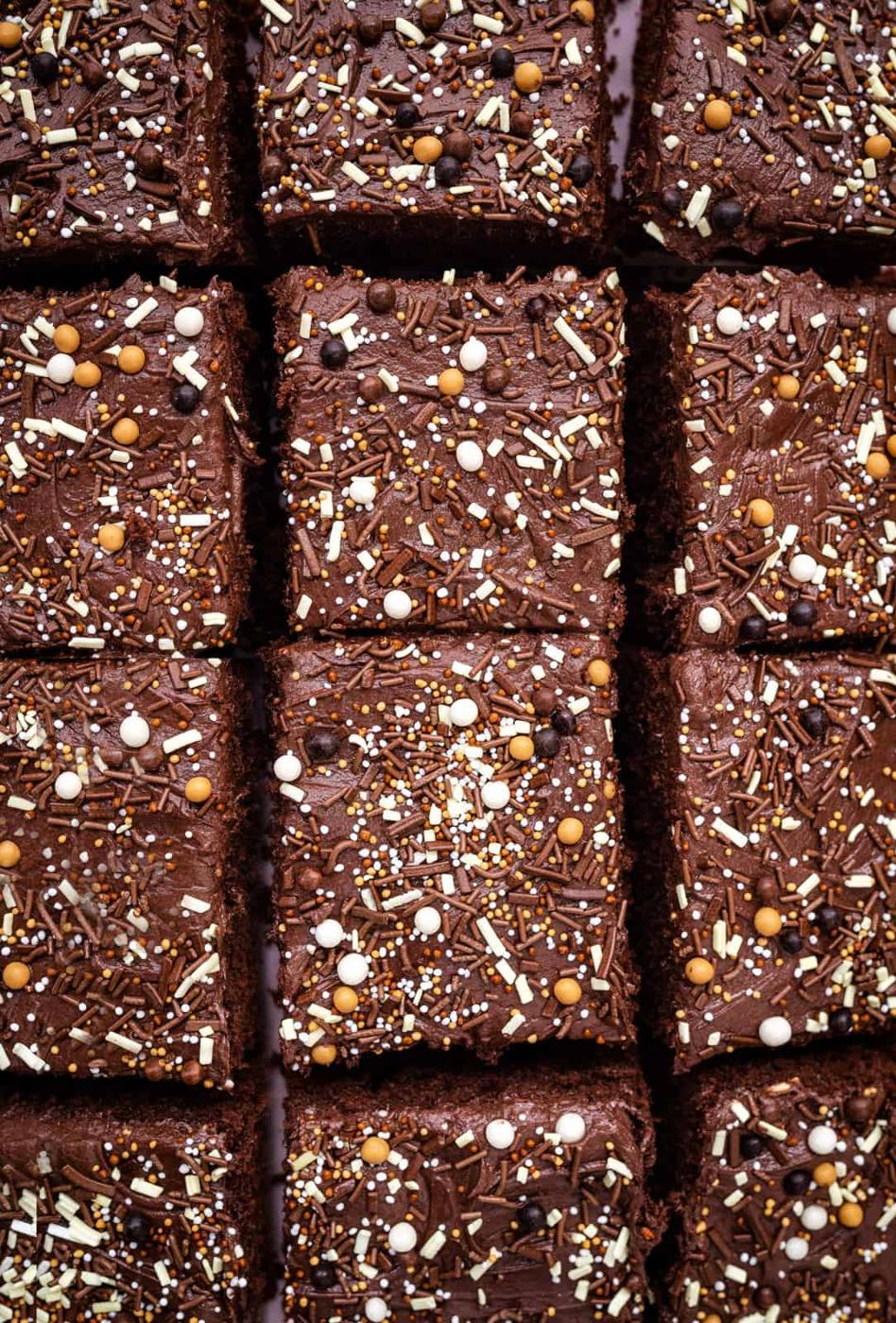 close up overhead photo of chocolate school cake