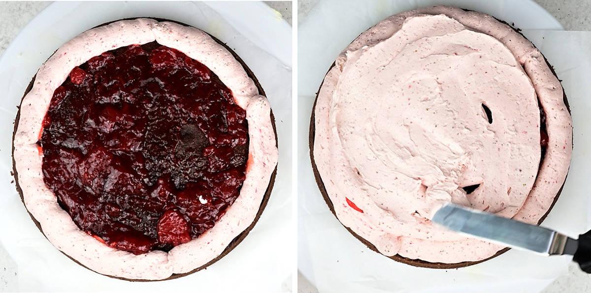 collage showing how to assemble layer cake