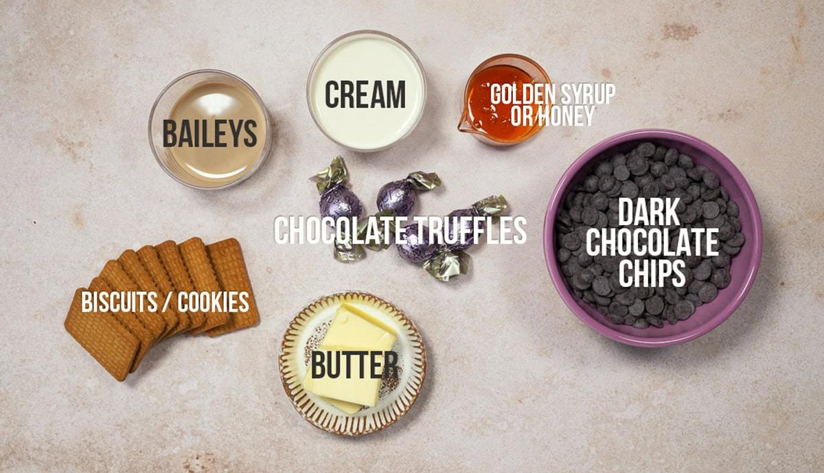 ingredients for Mary Berry chocolate truffle tart, labelled