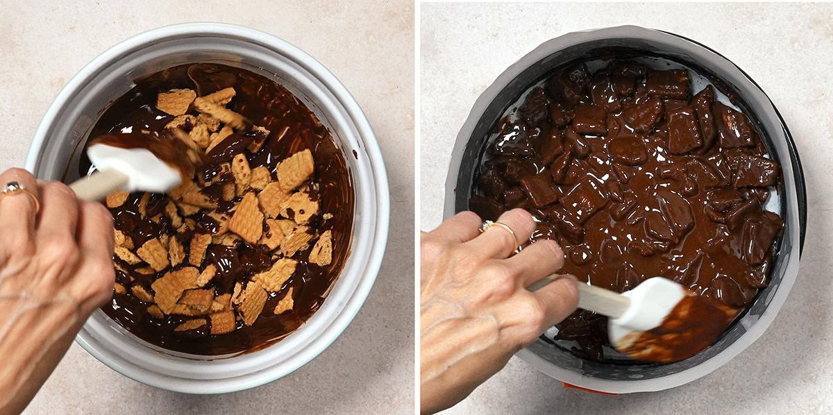 Making a biscuit chocolate tart base (left) and packing it into a cake tin (right)