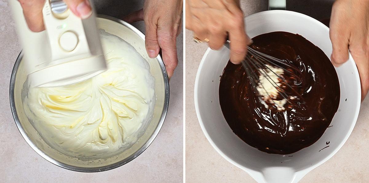 whisking cream (left) and folding into melted chocolate ganache (right)