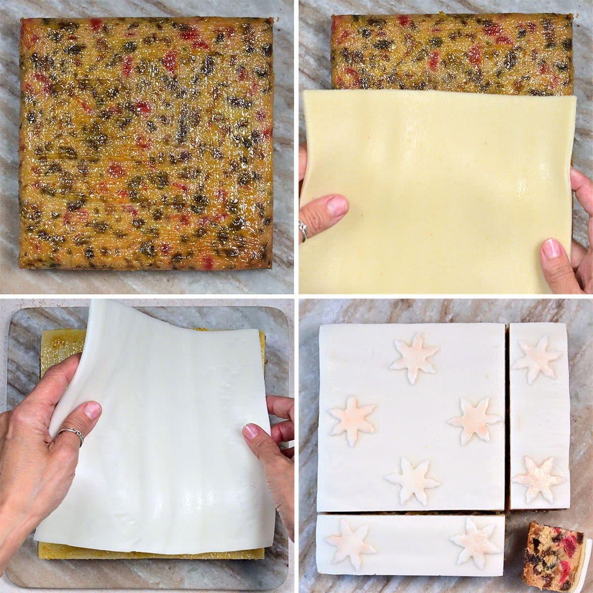 Four-panel collage showing hands covering a square fruitcake with a sheet of marzipan, followed by a sheet of white fondant. The coated cake is then decorated with fondant stars and cut into pieces.