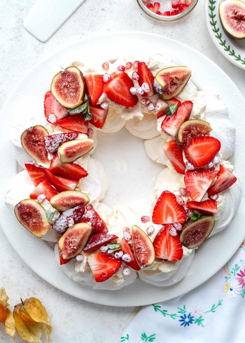 Christmas pavlova topped with fruit