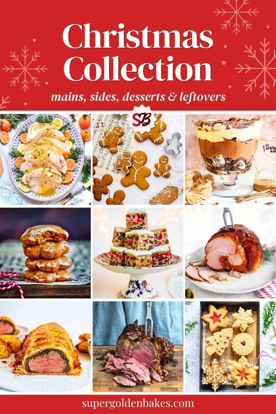 A collage of Christmas dishes including roast meats, decorated cookies, a festive cake, trifle and gingerbread, with the text Christmas Collection – mains, sides, desserts and leftovers.