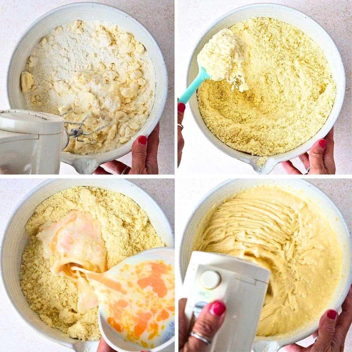 Four photos showing cake batter preparation: mixing flour and butter with a hand mixer, folding batter with a spatula, pouring egg mixture into the bowl, and blending everything together with a mixer.