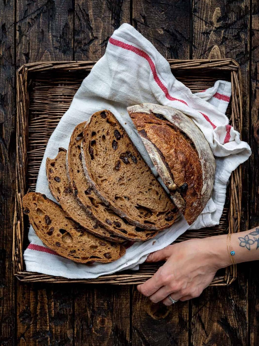 Overhead shot of sliced Cinnamon Raisin Sourdough Bread