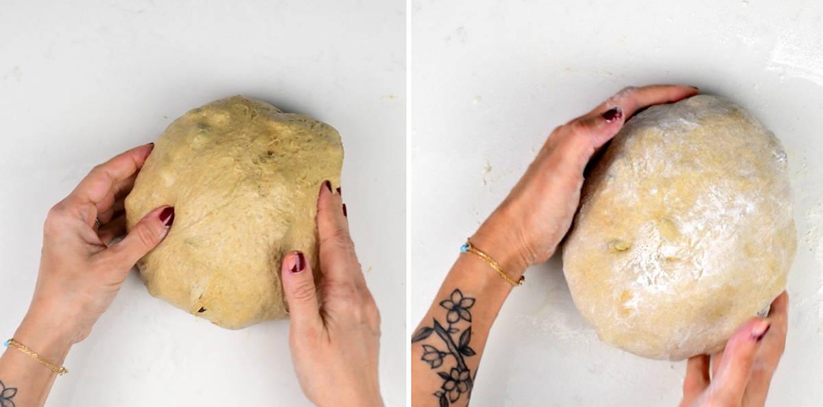 shaping a cinnamon sourdough loaf