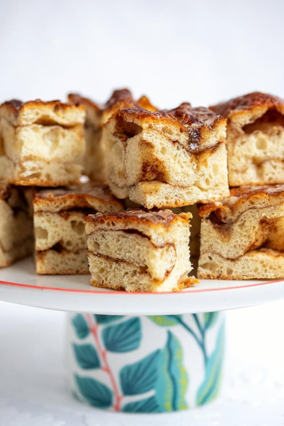 cinnamon roll focaccia squares on a cake stand