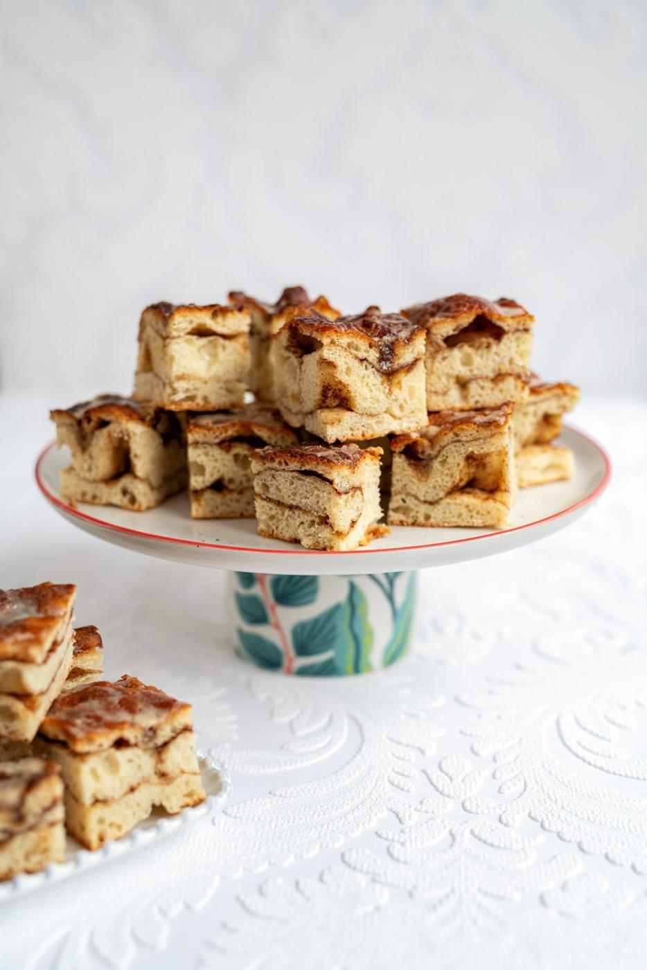 Squares of sweet cinnamon roll focaccia bread stacked on a cake stand