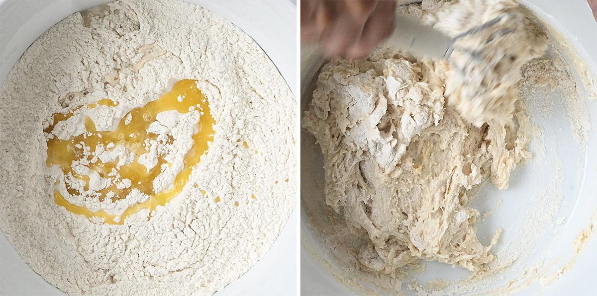 mixing focaccia dough in a bowl