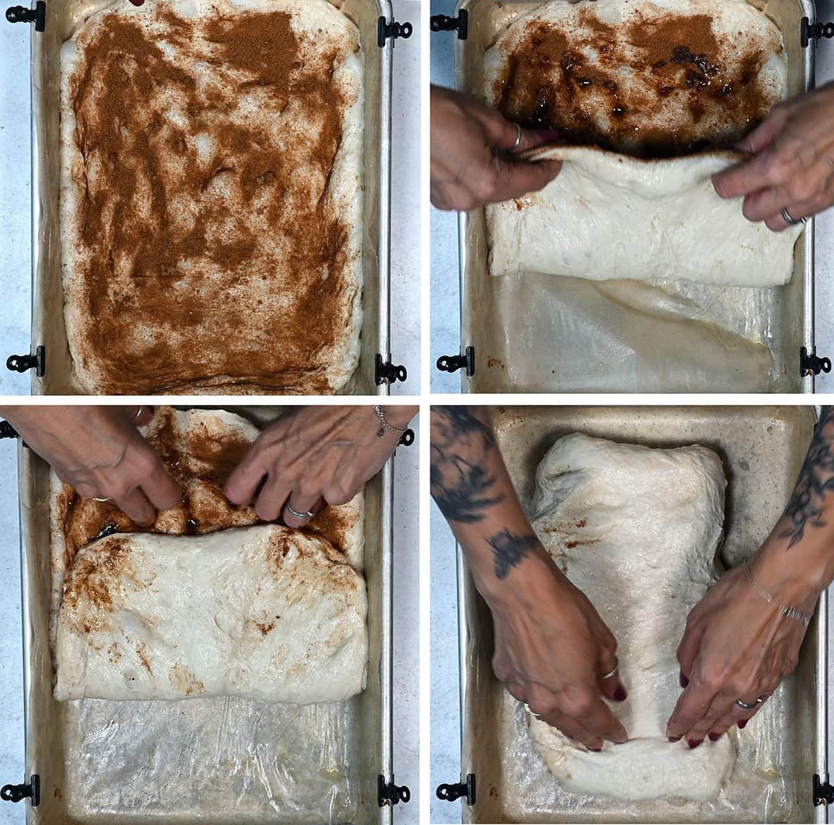 collage showing how to make cinnamon roll focaccia bread