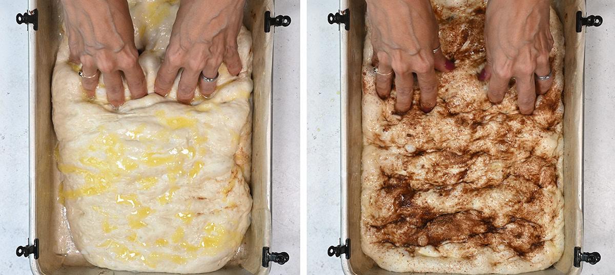 dimpling sweet focaccia and sprinking with cinnamon sugar (collage)