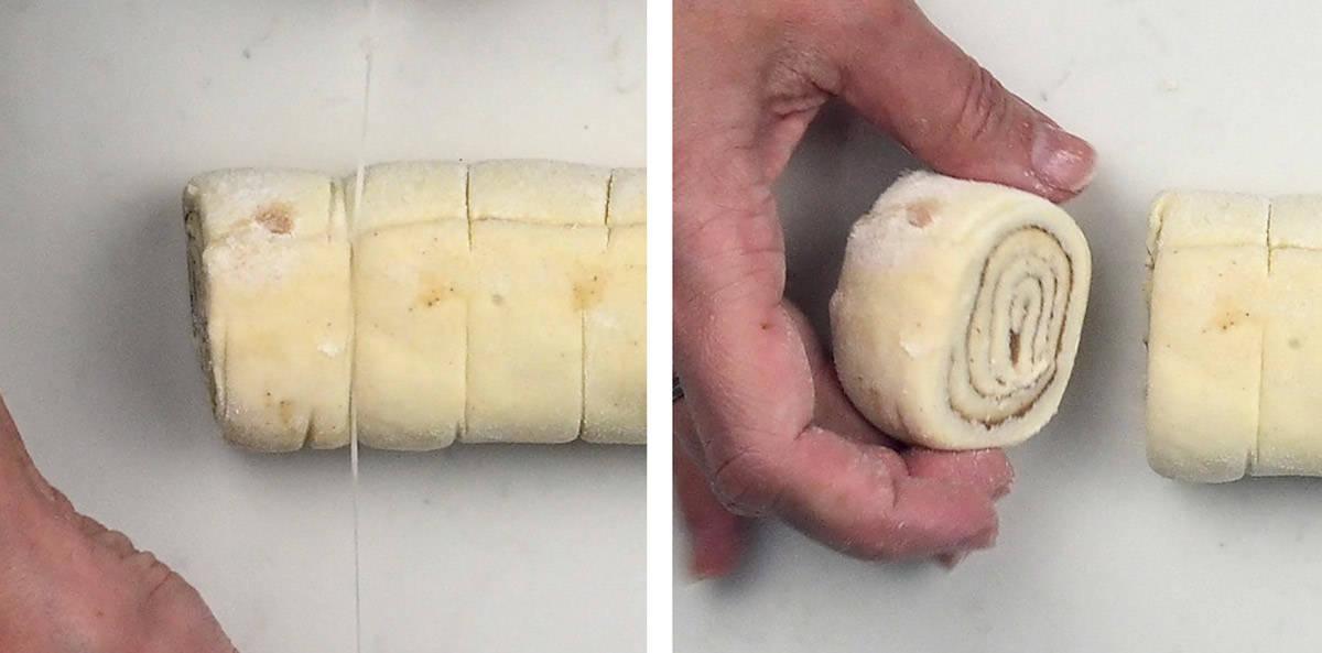Slicing puff pastry cinnamon rolls using dental floss