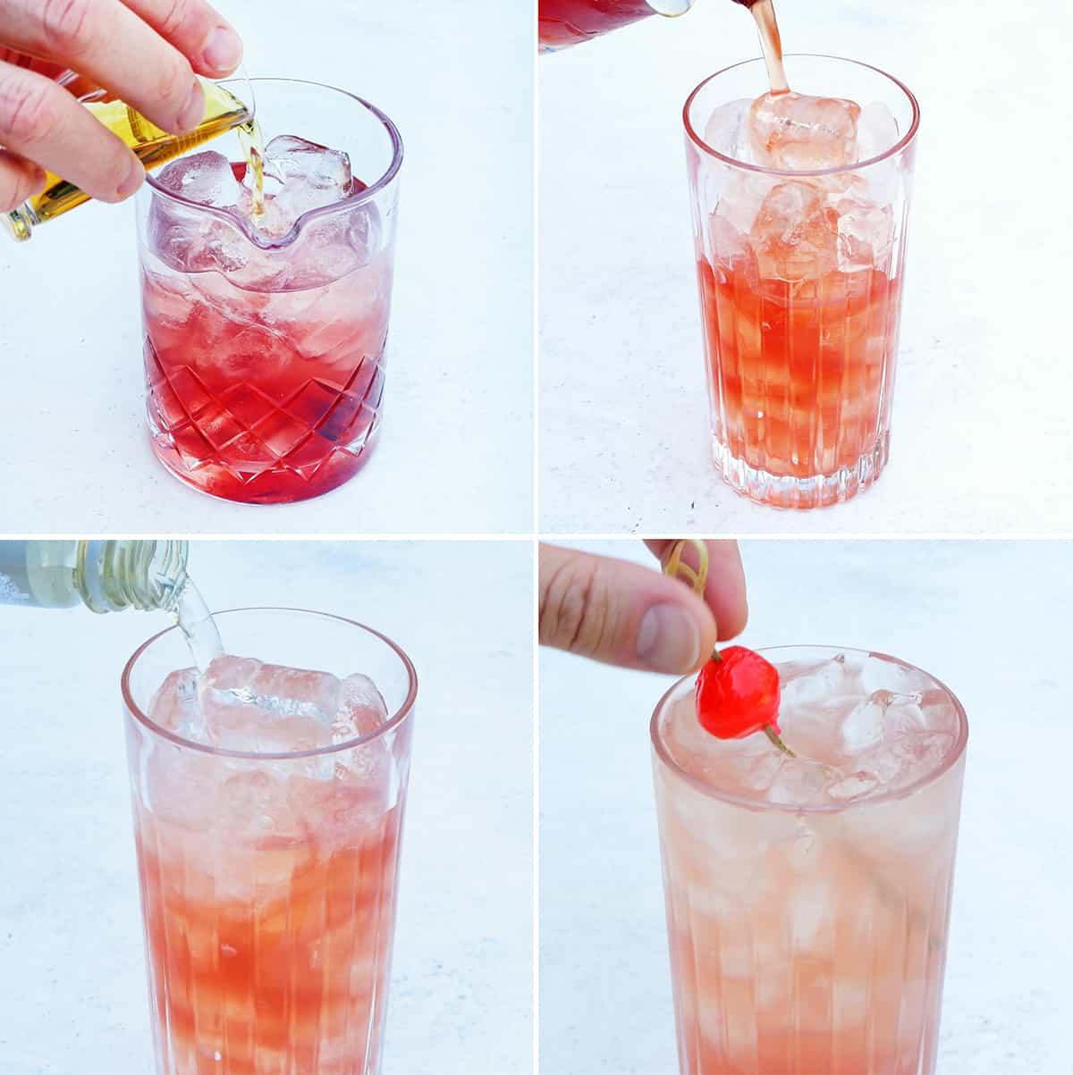 Collage showing how to make a Singapore sling cocktail