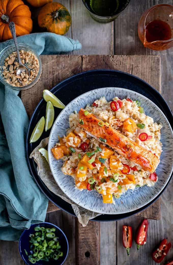 Coconut brown rice with ginger, lime and squash