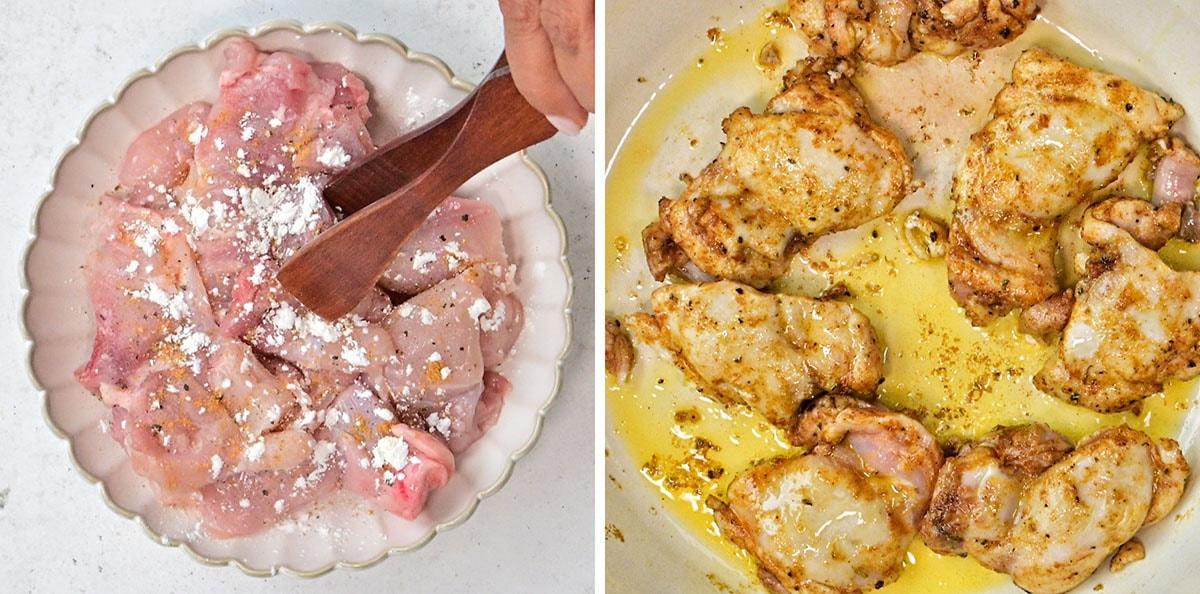 Left: Raw chicken pieces are mixed with white powder in a bowl using a wooden spatula. Right: The chicken pieces are being pan-fried in oil until browned in a skillet.