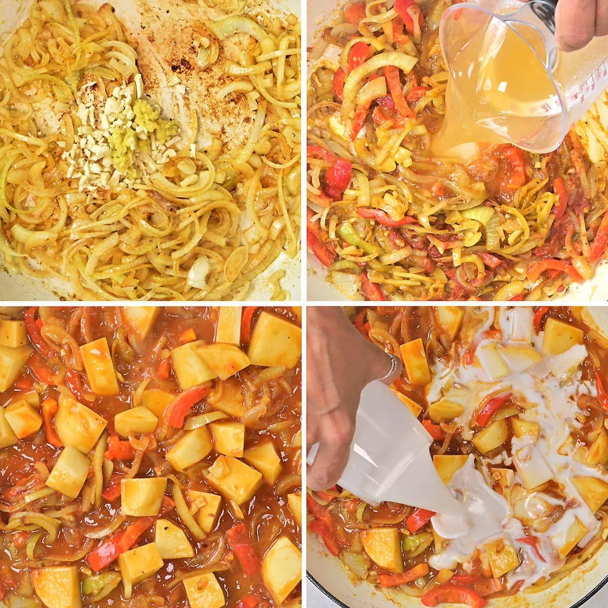 Four-panel collage showing a curry being cooked: sautéed onions and garlic, broth being poured over vegetables, vegetables simmering in sauce, and coconut milk being added to the mixture.
