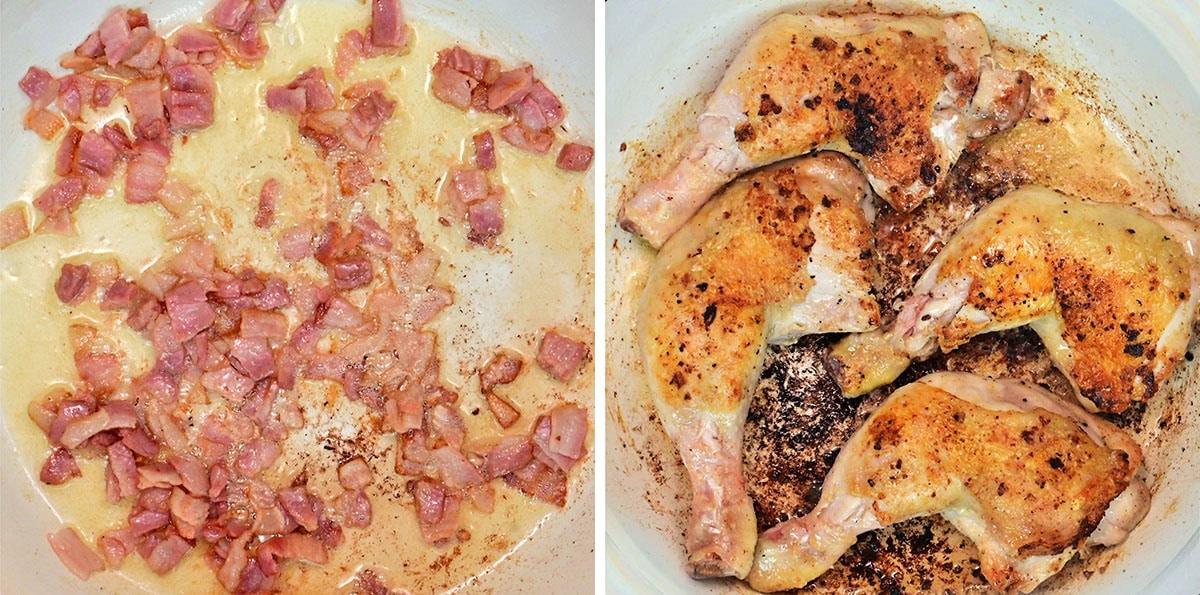 Side-by-side images: left shows diced bacon sizzling in a pan, the right shows four seasoned chicken legs browning in a pan with visible golden and crispy skin.