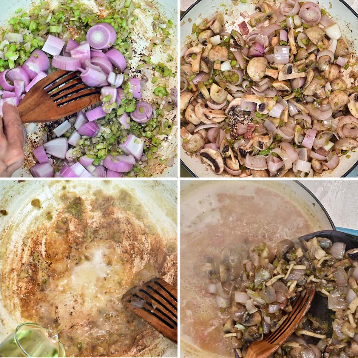 A four-panel collage shows the progression of cooking Coq Au Vin Blanc: sautéing chopped red onions and celery, adding mushrooms, browning the mix, and deglazing the pan with liquid while stirring with a wooden spatula.