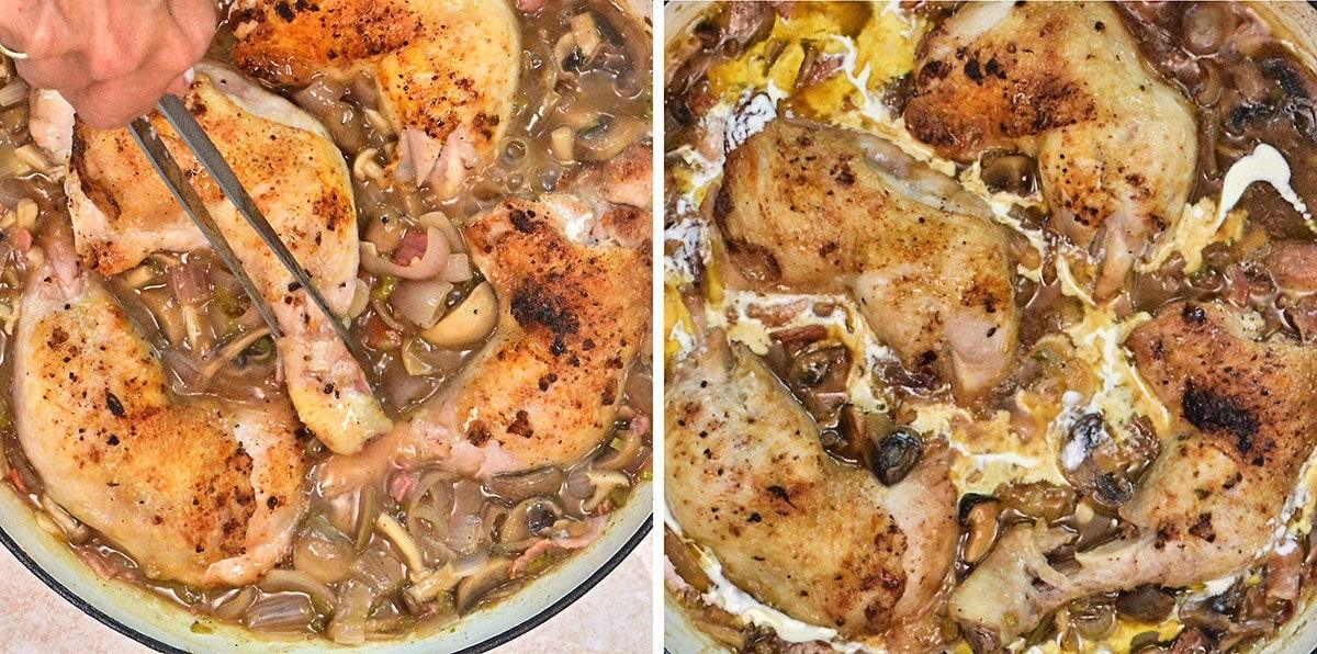 Side-by-side images of chicken legs cooking in a creamy mushroom sauce in a skillet; the left shows raw sauce and browning chicken, while the right shows the finished creamy dish.