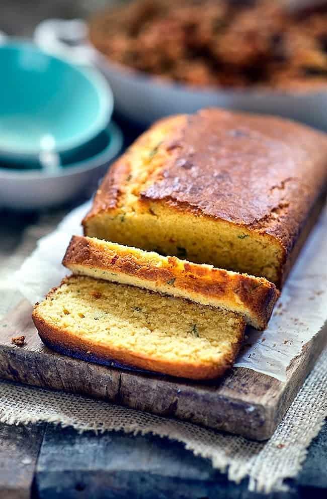 Cornbread baked in a loaf pan