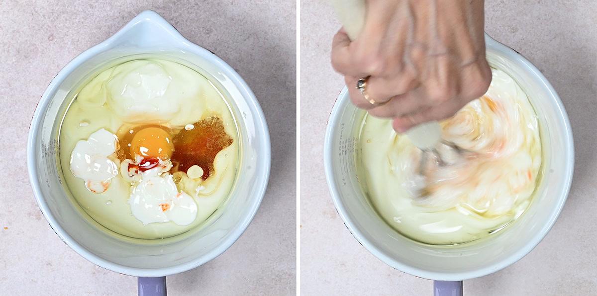 wet ingredients for cornbread in a mixing bowl