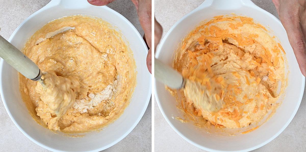 folding wet into dry ingredients for cornbread in a mixing bowl