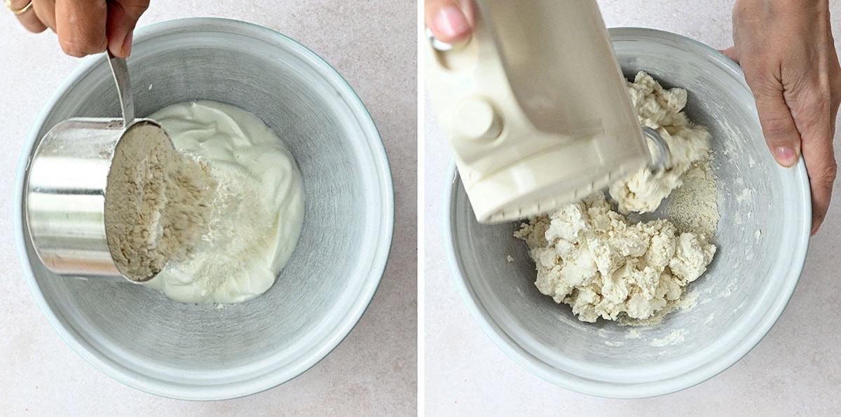 Left image: Flour is being poured from a metal measuring cup into a metal bowl with blended cottage cheese. Right image: A hand mixer is blending the flour and cottage cheese mixture in a metal bowl.