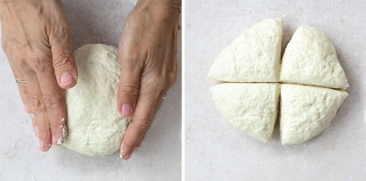 Left side: Hands kneading a round ball of dough on a light surface. Right side: Dough ball cut into four equal wedges, arranged in a circle.
