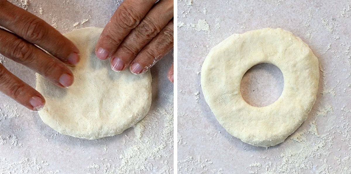 Two images showing the process of shaping dough. The first image shows hands pressing a flat round dough. The second image shows the same dough with a hole in the center, forming a bagel shape, on a floured surface.