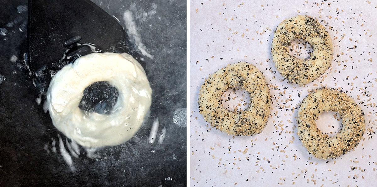 Left side shows a raw bagel being boiled with a black spatula. Right side displays three sprinkled bagels on parchment paper, ready for baking, with visible seeds and seasonings scattered around.