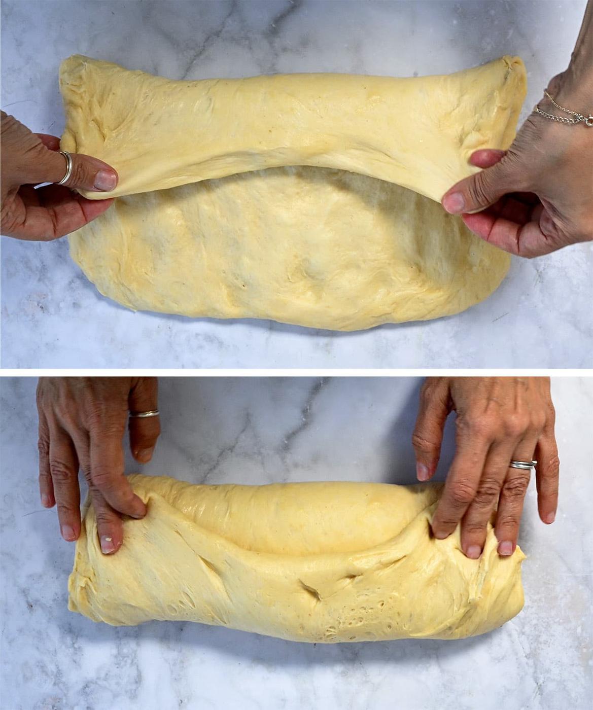 collage showing how to shape cottage cheese bread loaf