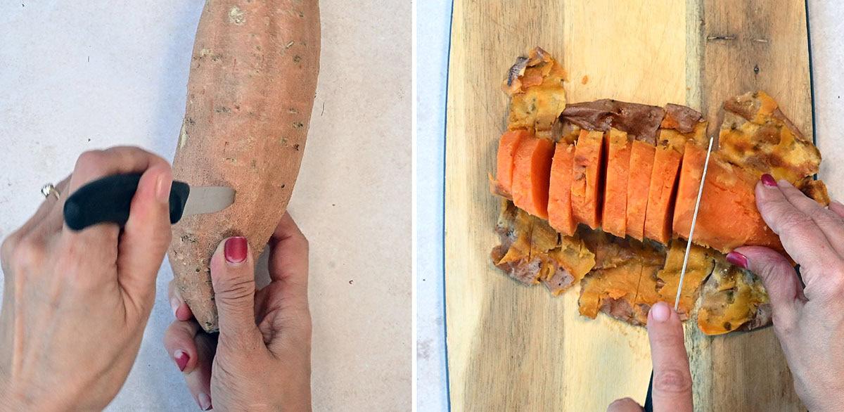 The image shows two stages of cutting a sweet potato. The left side shows a person peeling a raw sweet potato, and the right side shows sliced, cooked sweet potato on a wooden board.