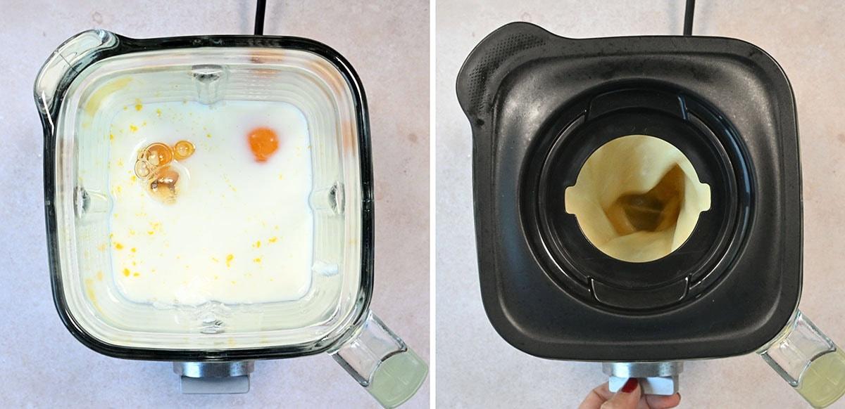 A blender is seen from above, containing cottage cheese, milk, eggs, and vanilla extract. Beside it, the black lid is shown with the center cap removed, revealing the interior. The background is a light-colored countertop.