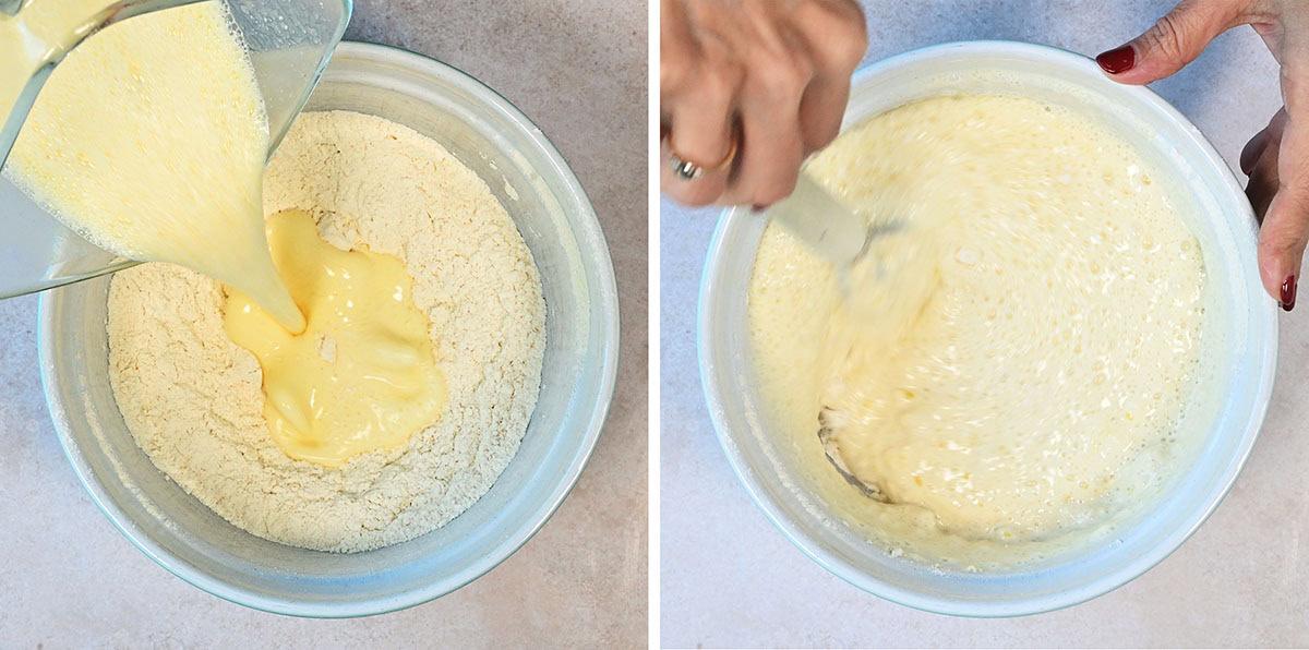 Two images show a mixing process. The first image displays liquid being poured into a bowl of dry ingredients. The second image shows hands using a spatula to mix the combined ingredients into a smooth pancake batter.