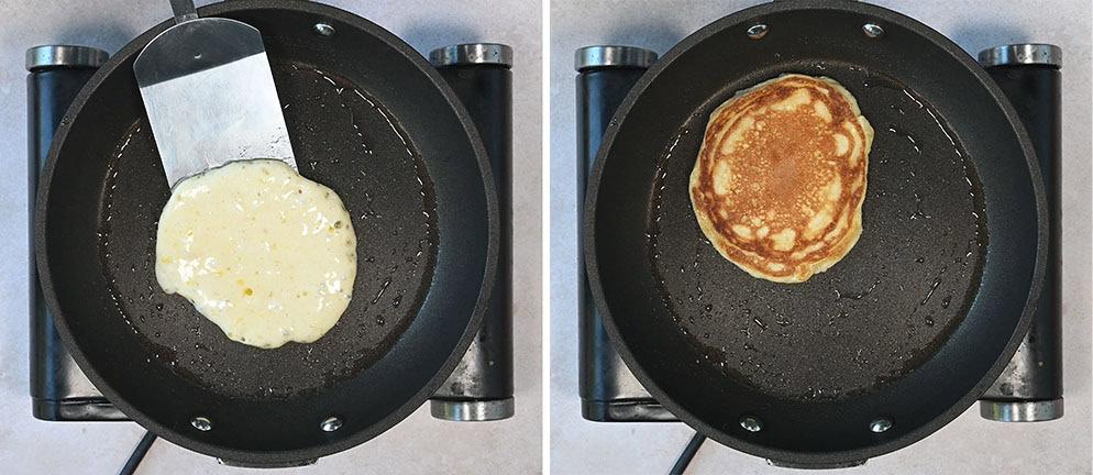 Side-by-side images of a skillet on a stovetop. Left: Pancake batter being spread with a spatula. Right: A golden-brown cooked pancake in the skillet.