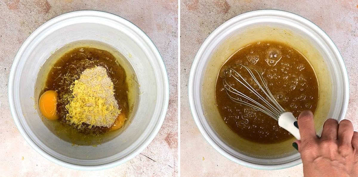 Two side-by-side images: on the left, ingredients for Lemon Zucchini Cake With Cream Cheese Glaze—eggs, grated lemon zest, and more—fill a bowl; on the right, a hand uses a whisk to blend everything into a smooth batter.