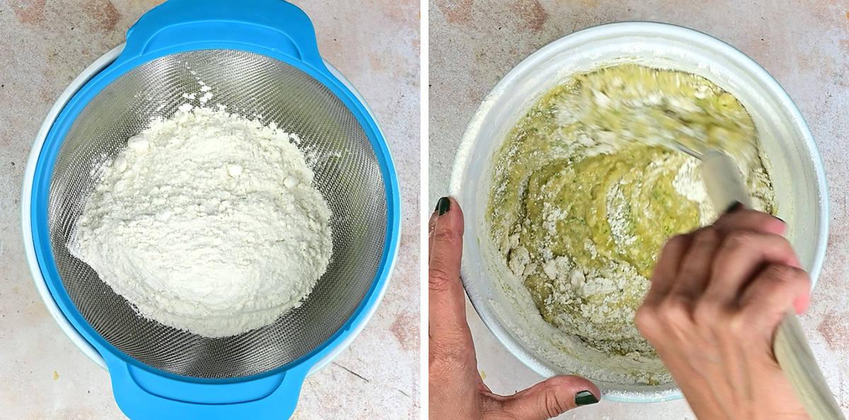 Split image: Left side shows flour being sifted into a bowl for Lemon Zucchini Cake With Cream Cheese Glaze. Right side shows someone mixing flour into a wet batter in a white bowl with a spatula, using their hands.