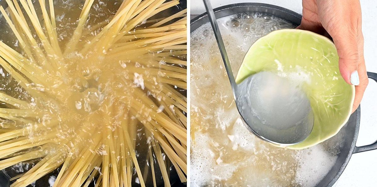Split image: Left side shows uncooked spaghetti spreading out in boiling water. Right side shows a hand using a ladle to scoop some starchy pasta water into a green bowl over the pot.